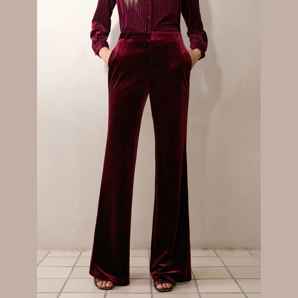 Burgundy Velvet High Waist Flared Wide Leg Trousers
